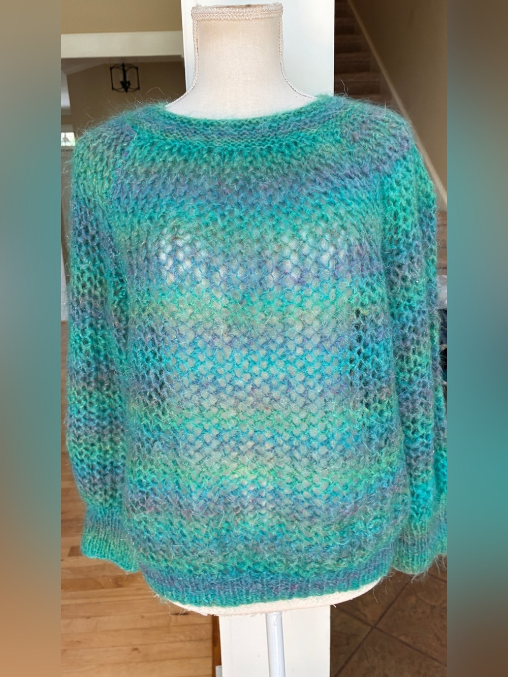 Handknit Teal & Aqua Rainbow Open-Weave Women's Sweater